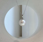 Elly’s 14.4mm White Edison Pearl pendant: Extreme luster mirrored, 2.4cm high, S925 silver minimalist pendant.