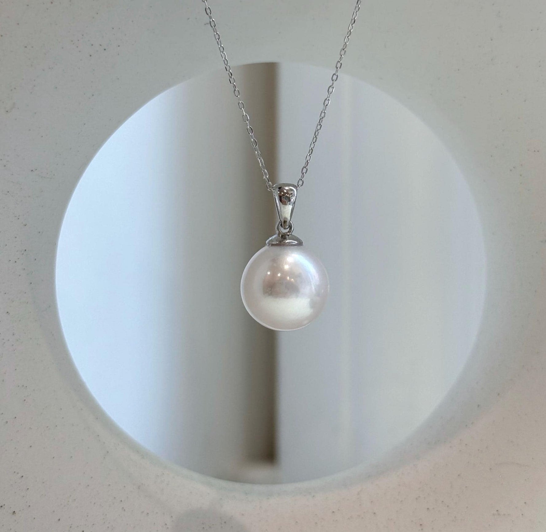 Elly’s 14.4mm White Edison Pearl pendant: Extreme luster mirrored, 2.4cm high, S925 silver minimalist pendant.