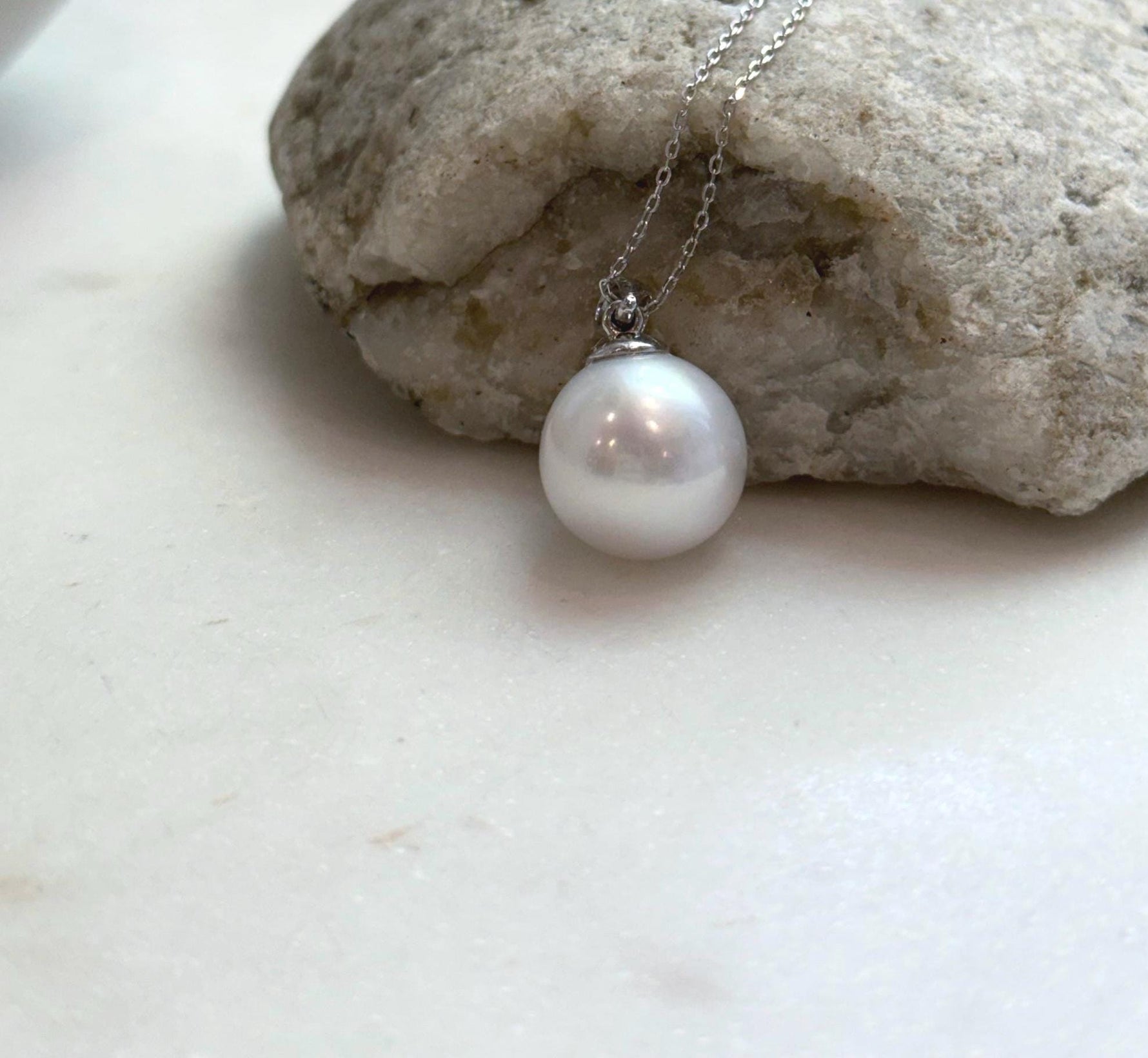 Elly’s 14.4mm White Edison Pearl pendant: Extreme luster mirrored, 2.4cm high, S925 silver minimalist pendant.