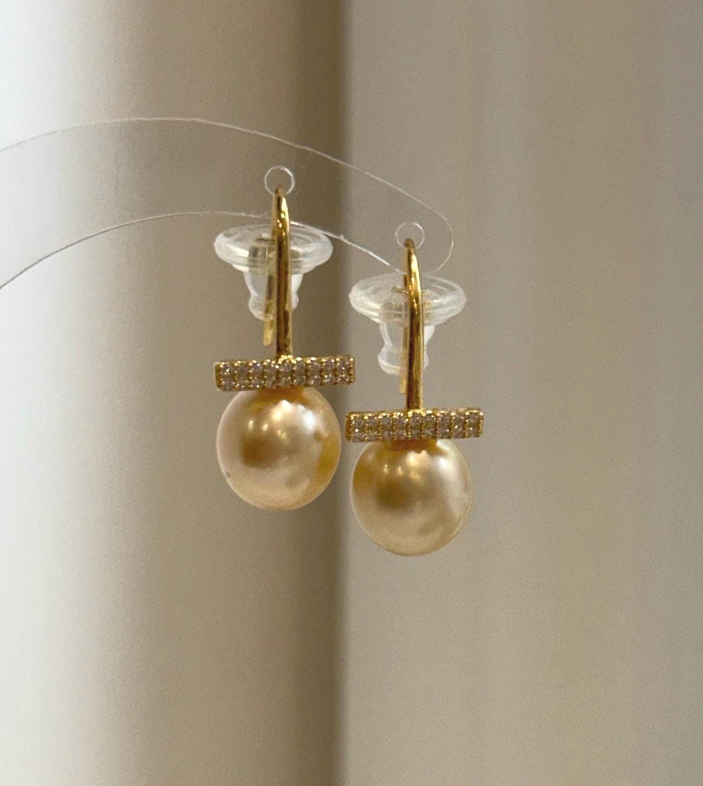 Elly’s 10mm Genius South sea deep gold ocean Pearls Earrings hooks: Extreme luster, 2.5cm high, S925 silver cool earrings.