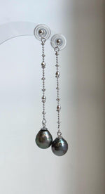 Elly’s 9.9mm Tahitian Peacock green ocean pearls earrings chandeliers: Extreme luster mirrored, 6.8cm high, s925 silver earrings.