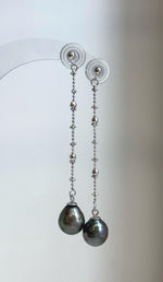 Elly’s 9.9mm Tahitian Peacock green ocean pearls earrings chandeliers: Extreme luster mirrored, 6.8cm high, s925 silver earrings.