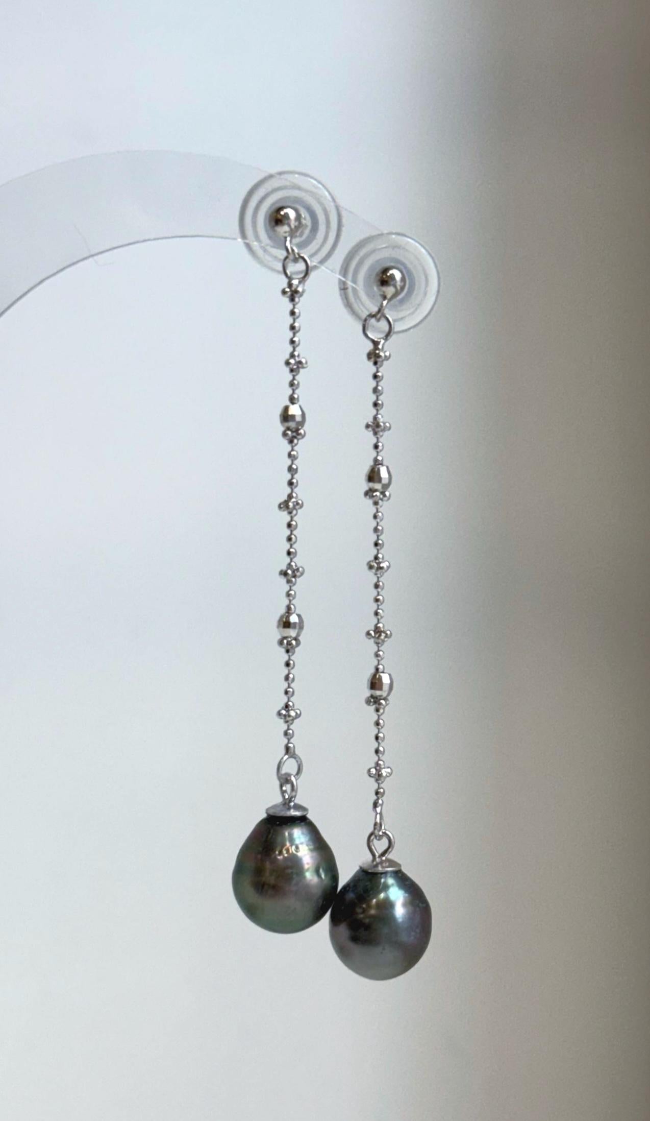 Elly’s 9.9mm Tahitian Peacock green ocean pearls earrings chandeliers: Extreme luster mirrored, 6.8cm high, s925 silver earrings.