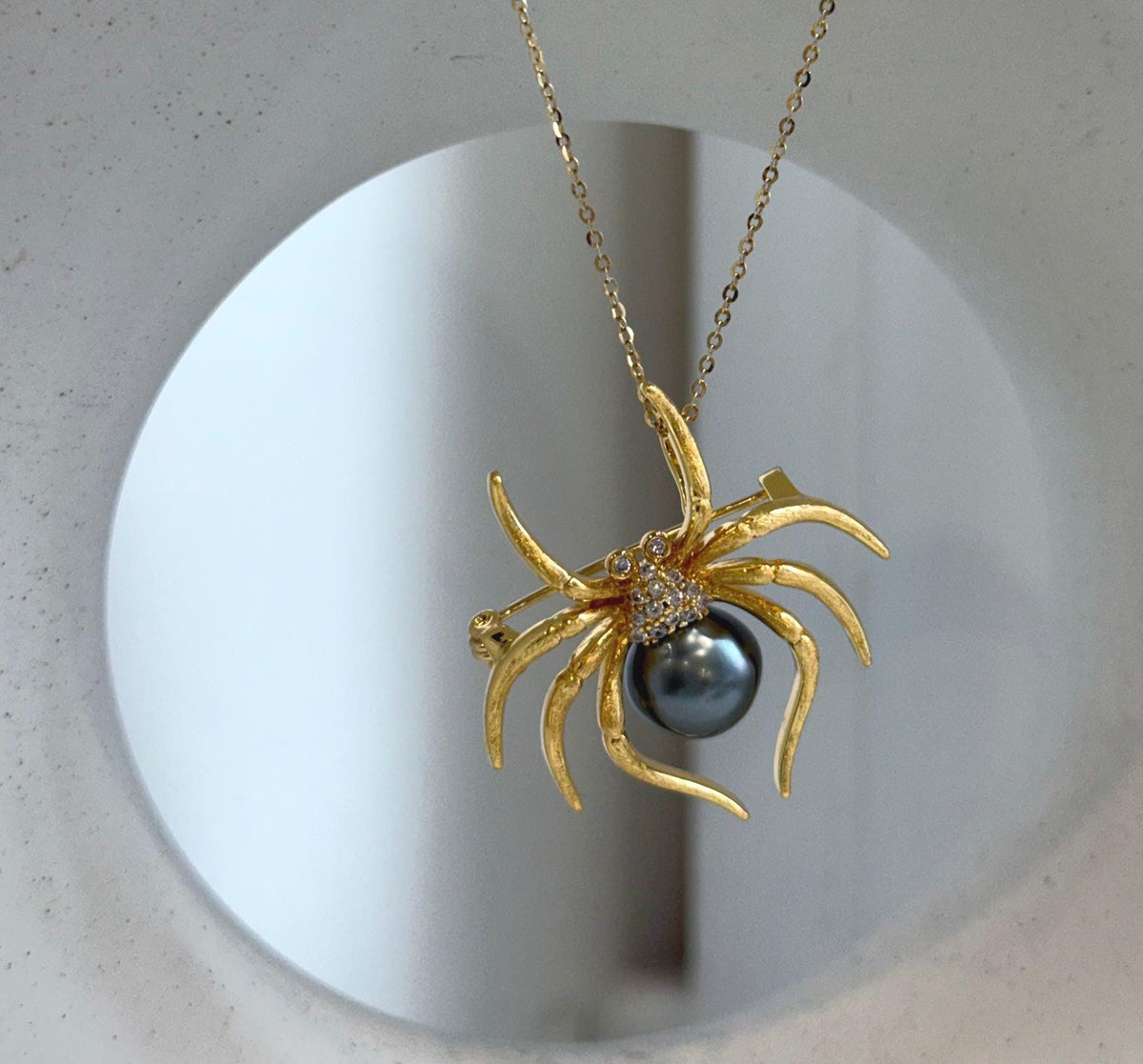 Elly’s 10.1mm Tahitian platinum Ocean Spider Brooch Pendant 2in1: Extreme Luster mirrored, 3.5x3.5cm
