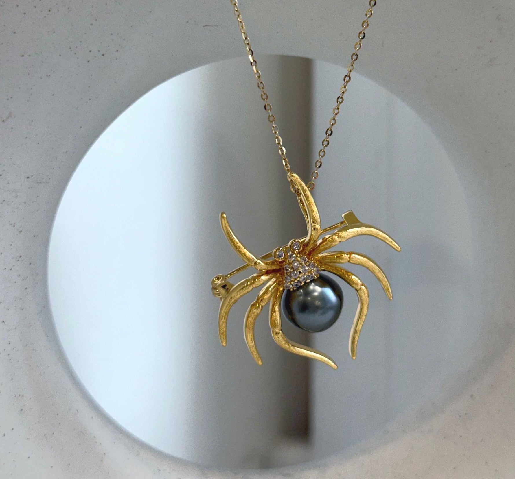 Elly’s 10.1mm Tahitian platinum Ocean Spider Brooch Pendant 2in1: Extreme Luster mirrored, 3.5x3.5cm