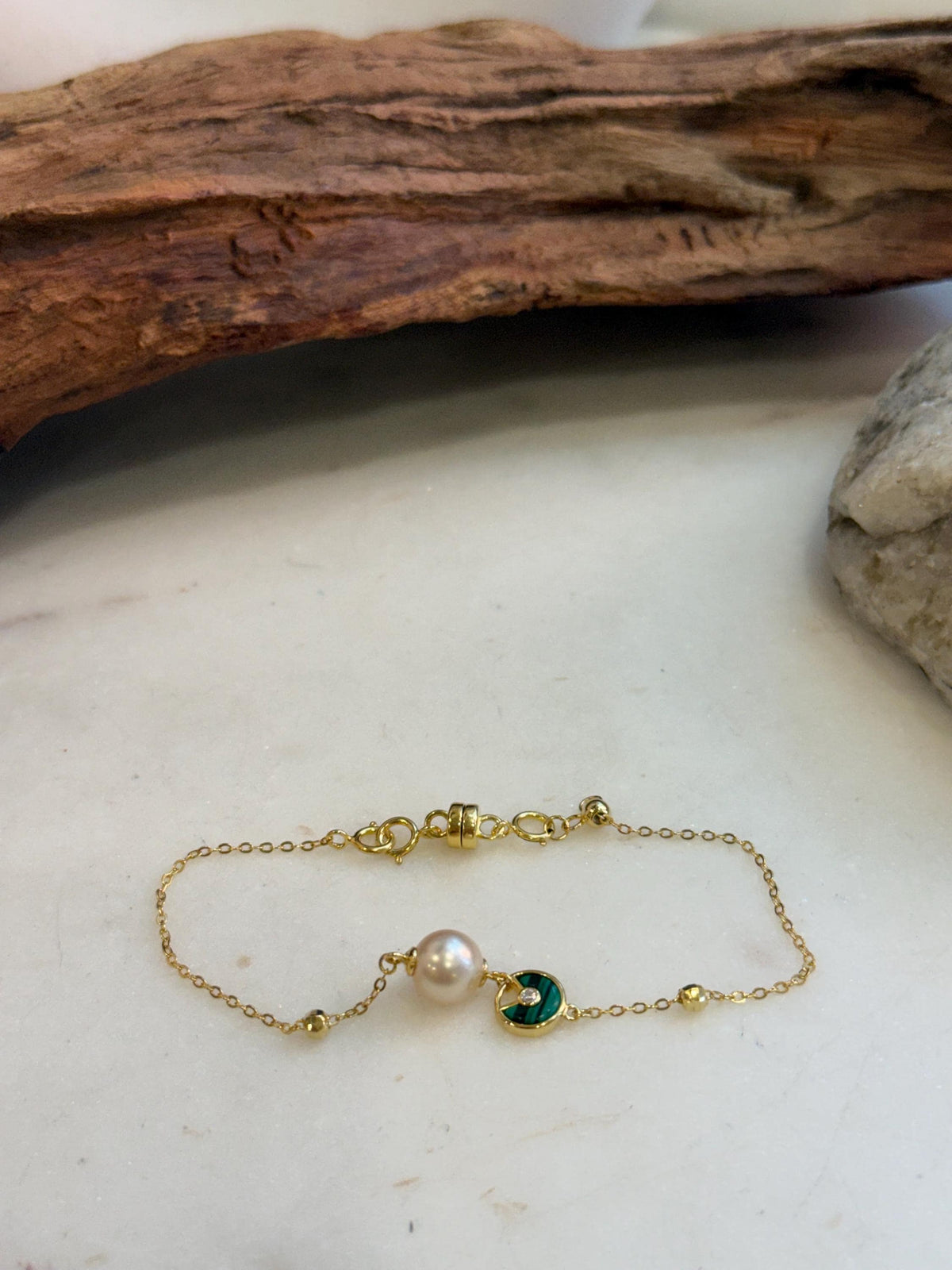 Elly’s 7.7mm Akoya ivory Ocean Pearls bracelet: Extreme luster, to 7.1”, S925 silver Malachite bracelet.