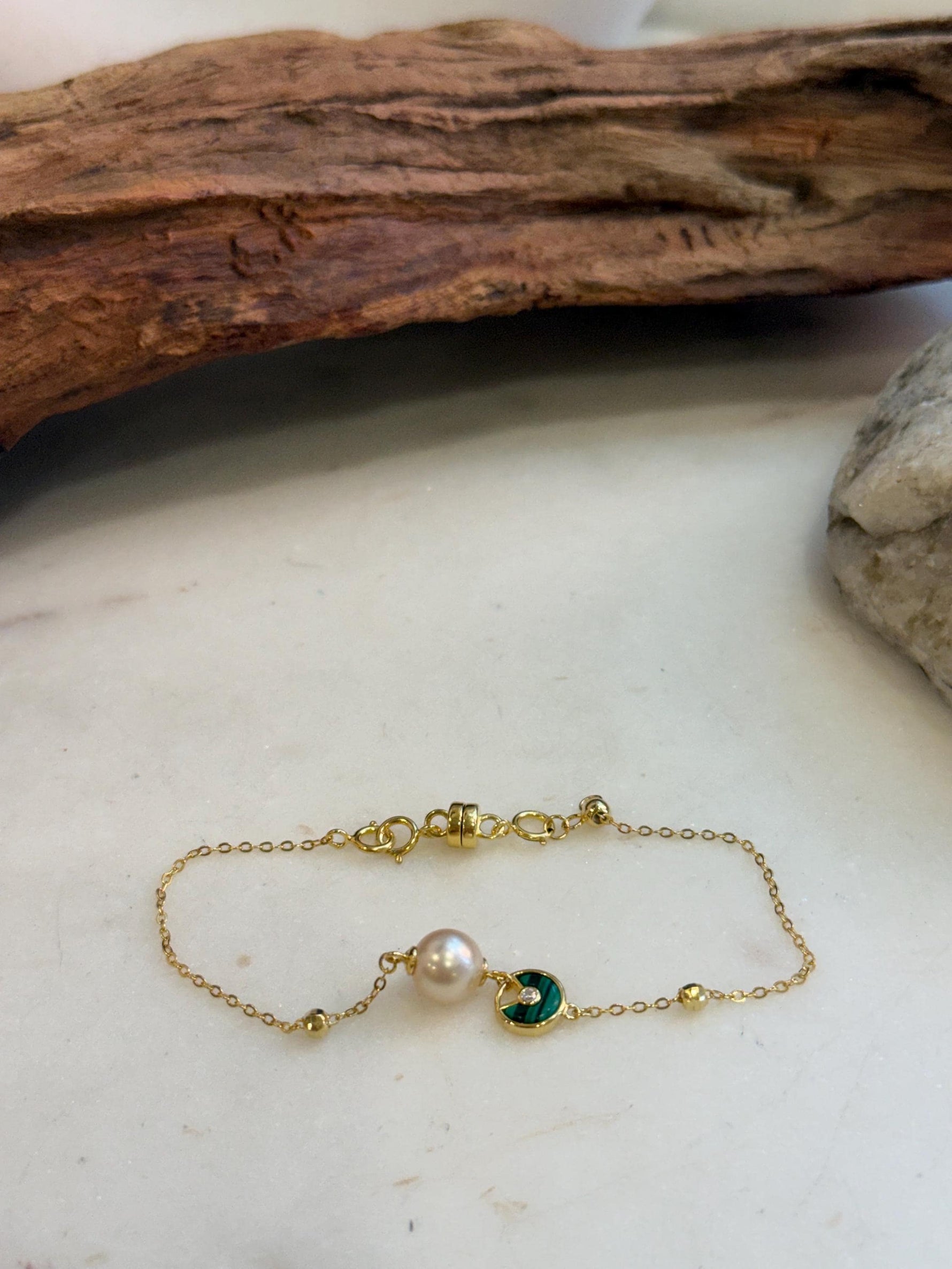 Elly’s 7.7mm Akoya ivory Ocean Pearls bracelet: Extreme luster, to 7.1”, S925 silver Malachite bracelet.