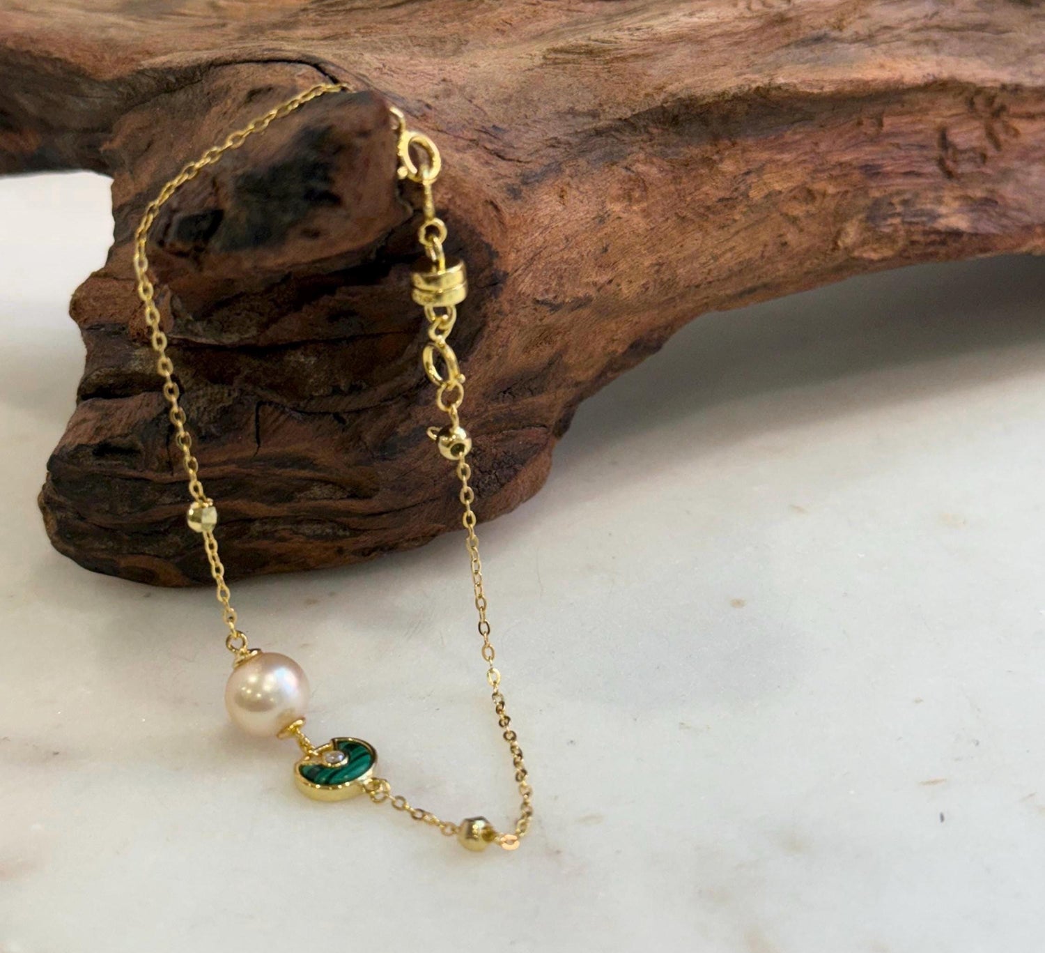 Elly’s 7.7mm Akoya ivory Ocean Pearls bracelet: Extreme luster, to 7.1”, S925 silver Malachite bracelet.