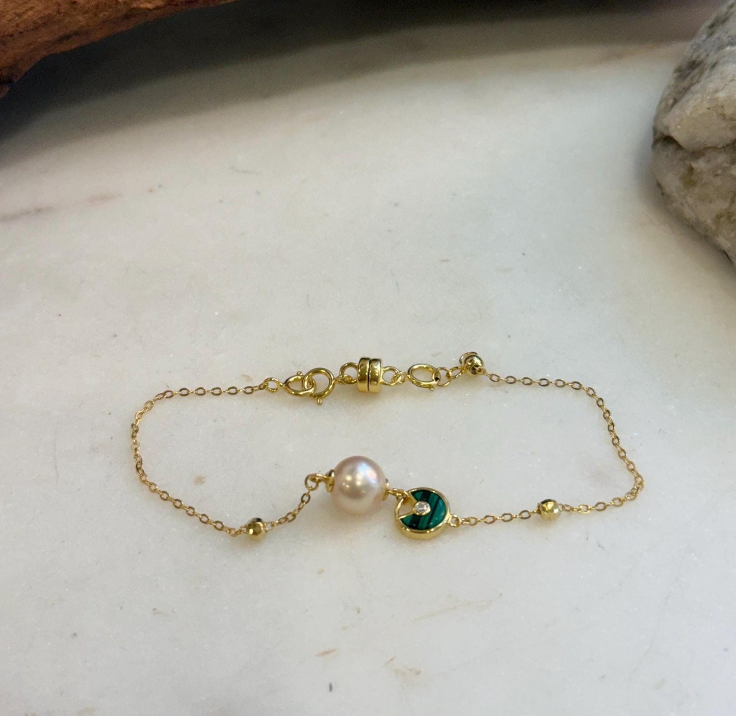 Elly’s 7.7mm Akoya ivory Ocean Pearls bracelet: Extreme luster, to 7.1”, S925 silver Malachite bracelet.