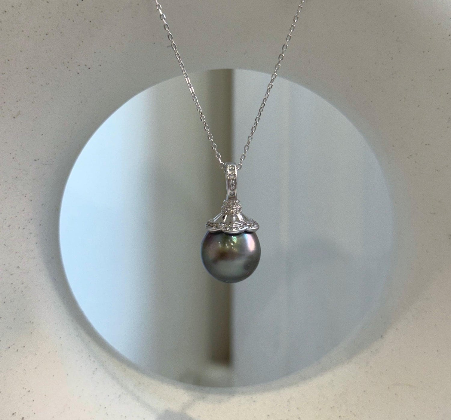 Elly’s 12.6mm Genius Tahitian hunter platinum Ocean Pearl Pendant: Extreme luster mirrored, 2.5cm high, S925 silver minimalist pendant.