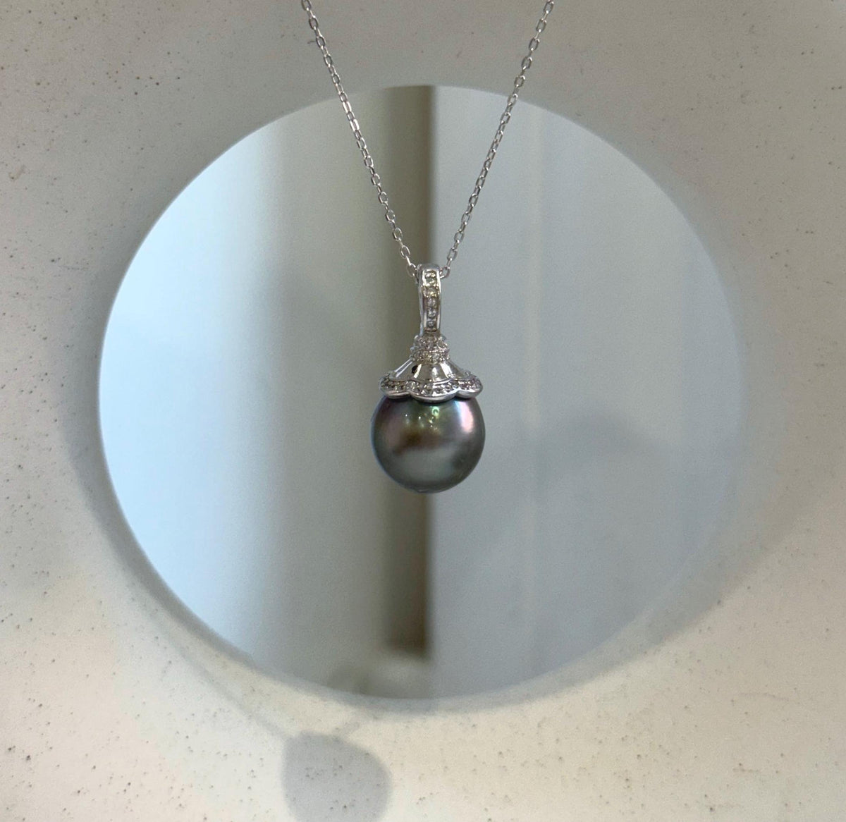 Elly’s 12.6mm Genius Tahitian hunter platinum Ocean Pearl Pendant: Extreme luster mirrored, 2.5cm high, S925 silver minimalist pendant.