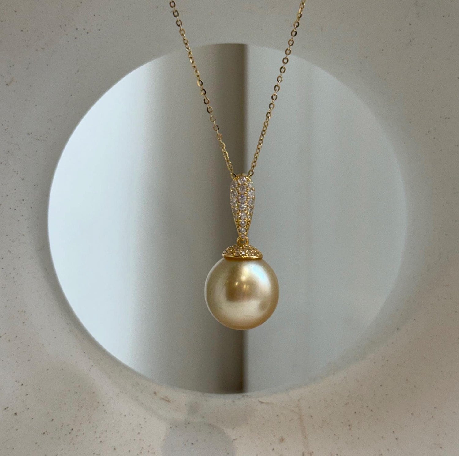 Elly’s 14.6mm Huge South Sea deep tea gold ocean Pearl pendant: Extreme luster mirrored. S925 silver with gold plated pendant set