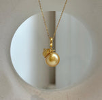Elly’s 12.5mm South Sea deep Gold ocean Pearl pendant: Extreme luster mirrored, 2.5cm high, S925 silver w/ gold plated pendant.