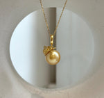 Elly’s 12.5mm South Sea deep Gold ocean Pearl pendant: Extreme luster mirrored, 2.5cm high, S925 silver w/ gold plated pendant.