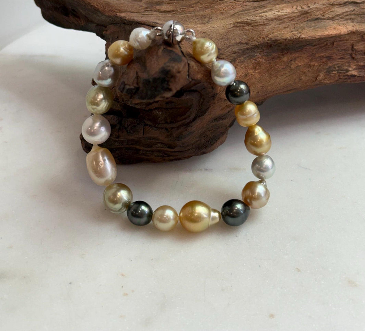 Elly’s Multicolor Ocean Pearls Bracelet: 18pcs South Sea Golden White Tahitian Akoya Pearls, Extreme luster, 7.2-10.4mm, 7.7” knotted