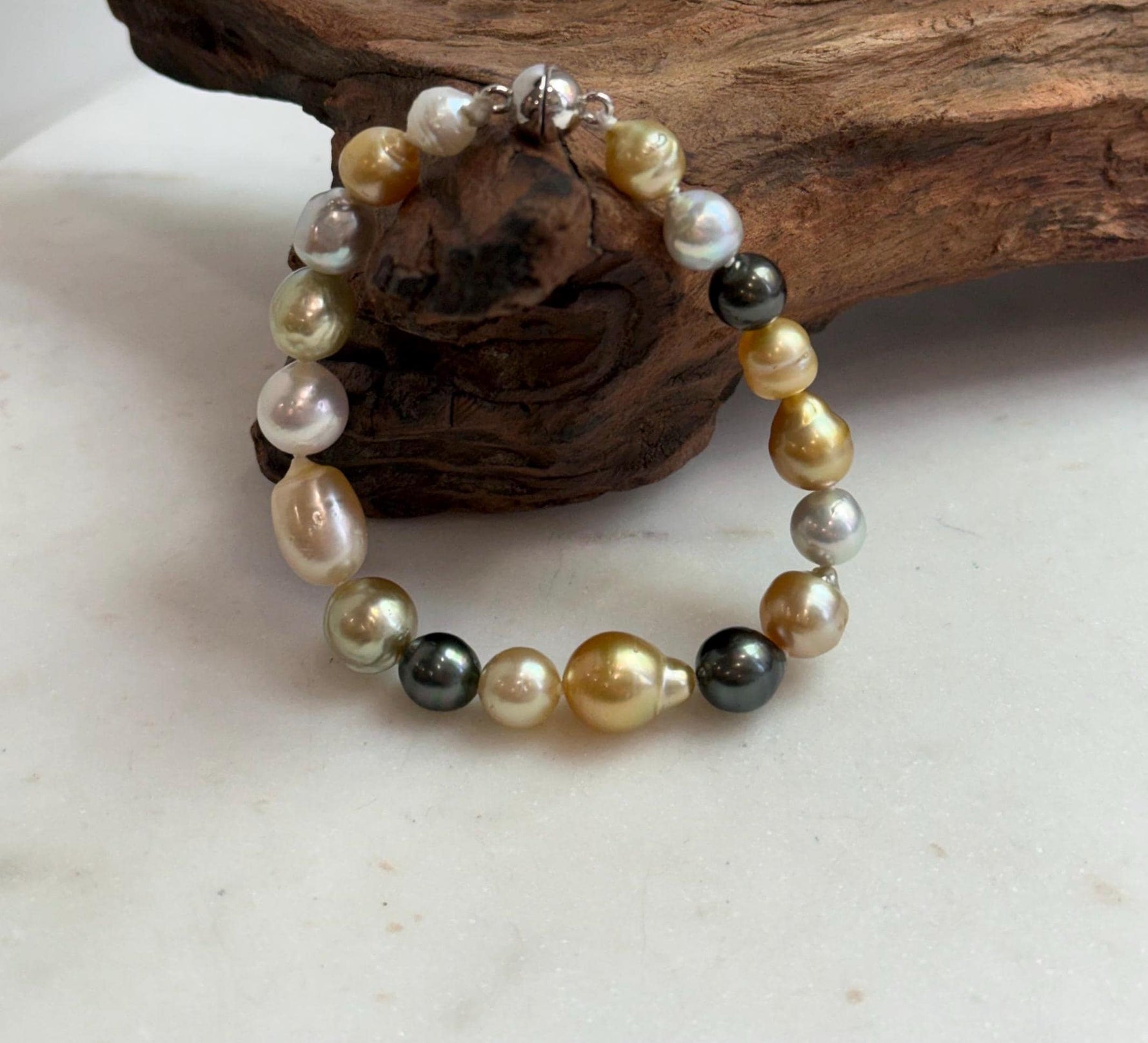Elly’s Multicolor Ocean Pearls Bracelet: 18pcs South Sea Golden White Tahitian Akoya Pearls, Extreme luster, 7.2-10.4mm, 7.7” knotted