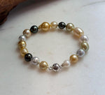 Elly’s Multicolor Ocean Pearls Bracelet: 18pcs South Sea Golden White Tahitian Akoya Pearls, Extreme luster, 7.2-10.4mm, 7.7” knotted
