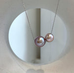 Elly’s Double Au750 18k Gold 10.7-13.2mm Edison Rose Mauve Pearls Floating pendants:Extreme luster mirrored.