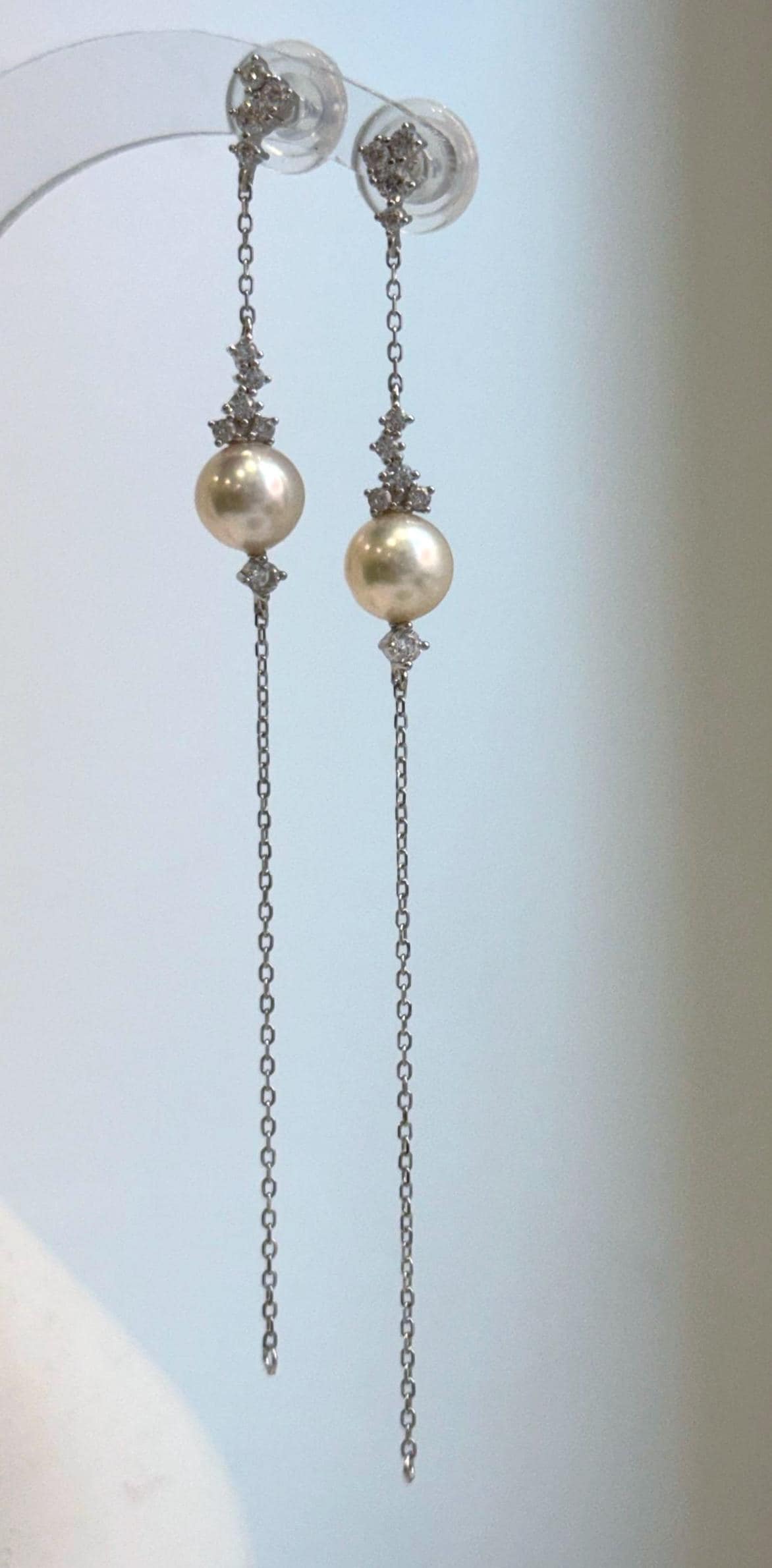 Elly’s 8mm Akoya ivory ocean Pearls Earrings chandeliers: Extreme luster mirrored, 9.5cm high, S925 silver earrings.