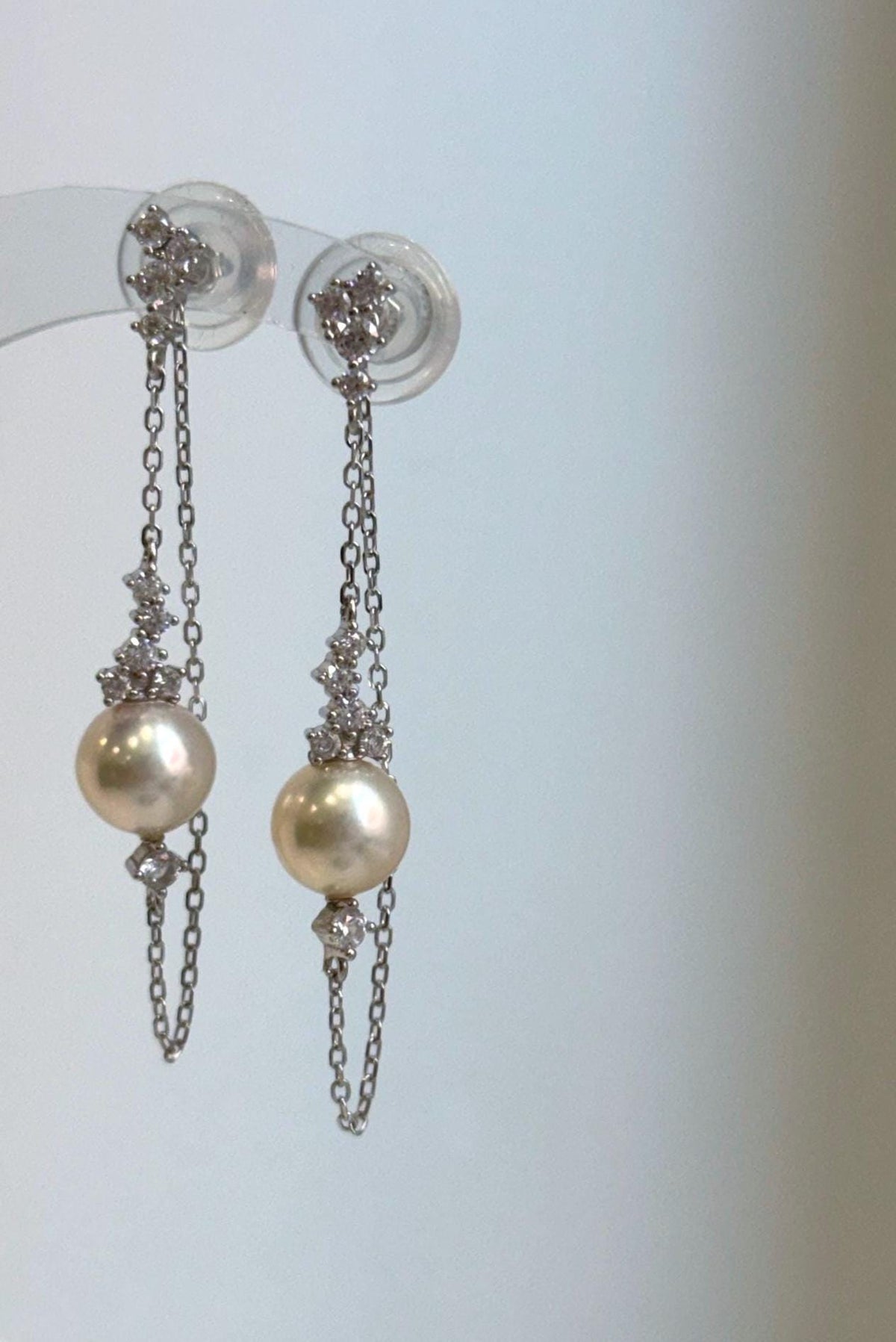 Elly’s 8mm Akoya ivory ocean Pearls Earrings chandeliers: Extreme luster mirrored, 9.5cm high, S925 silver earrings.