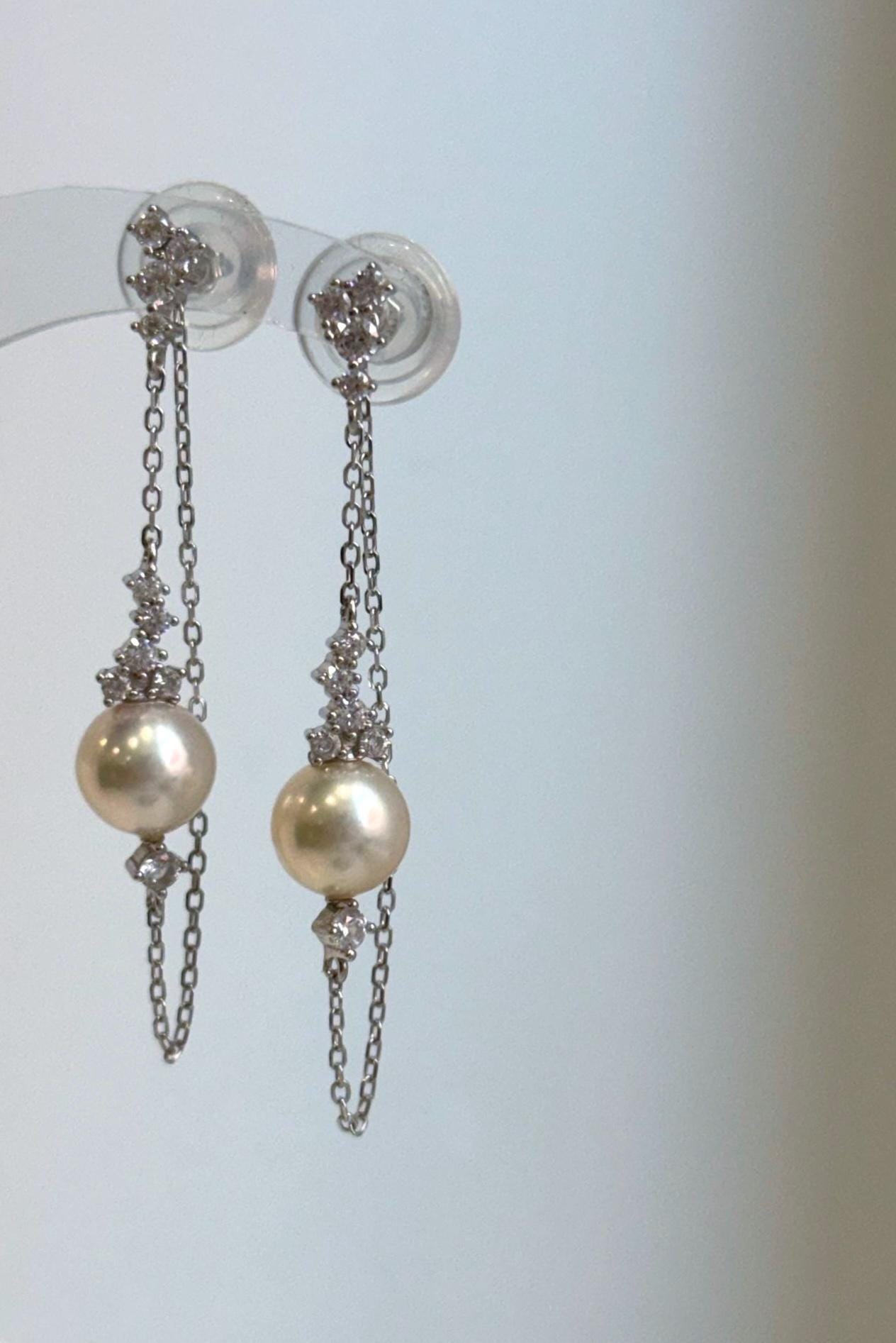 Elly’s 8mm Akoya ivory ocean Pearls Earrings chandeliers: Extreme luster mirrored, 9.5cm high, S925 silver earrings.