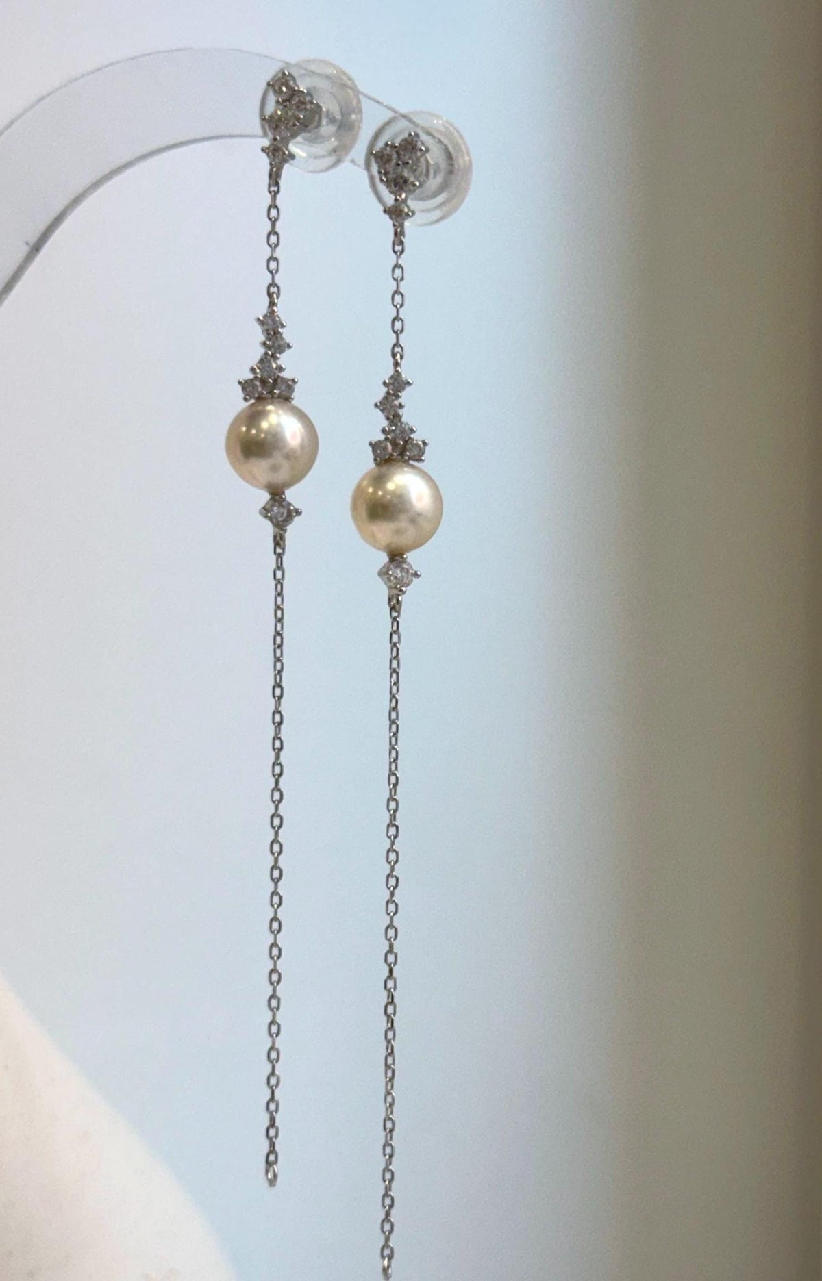 Elly’s 8mm Akoya ivory ocean Pearls Earrings chandeliers: Extreme luster mirrored, 9.5cm high, S925 silver earrings.