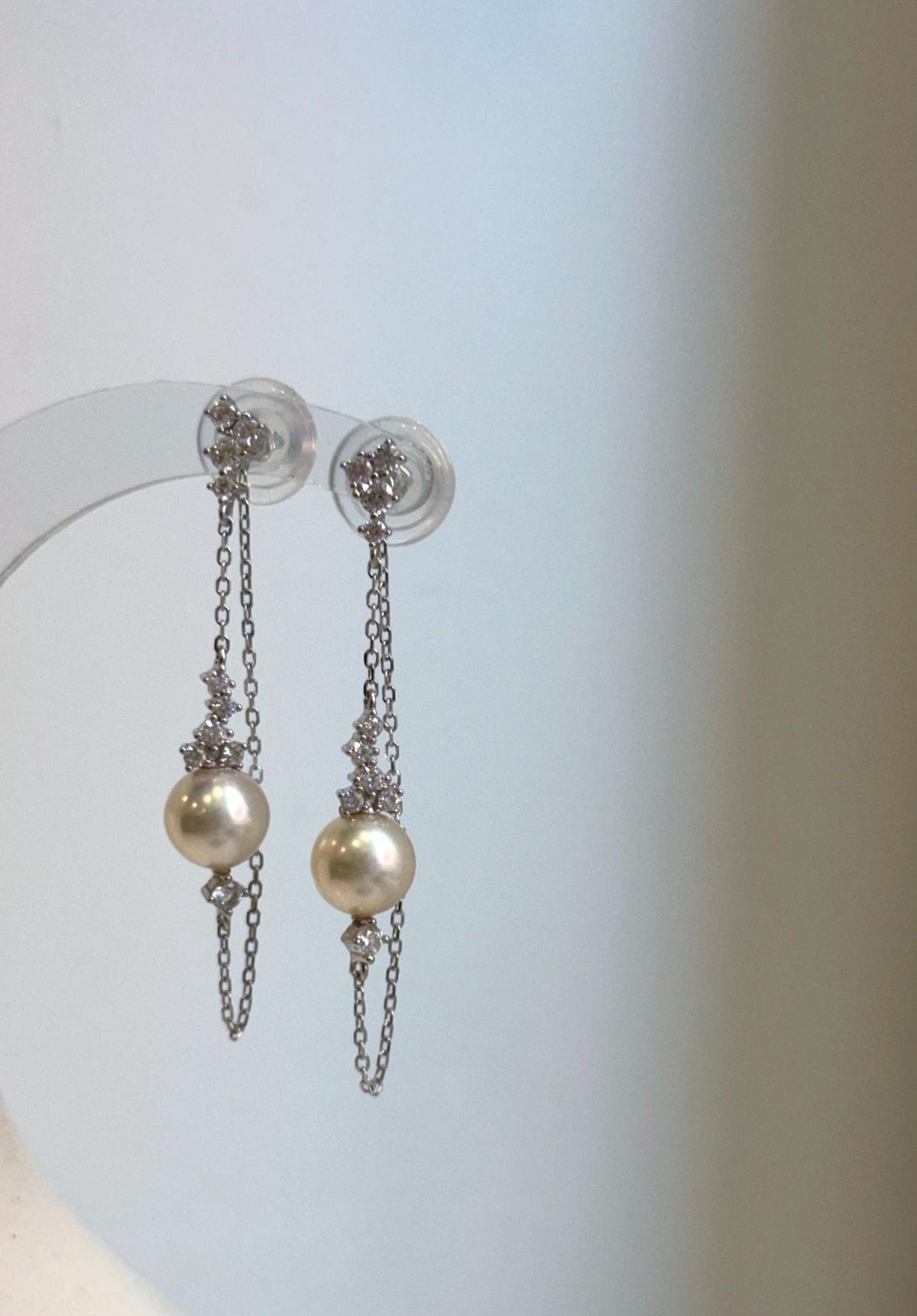 Elly’s 8mm Akoya ivory ocean Pearls Earrings chandeliers: Extreme luster mirrored, 9.5cm high, S925 silver earrings.