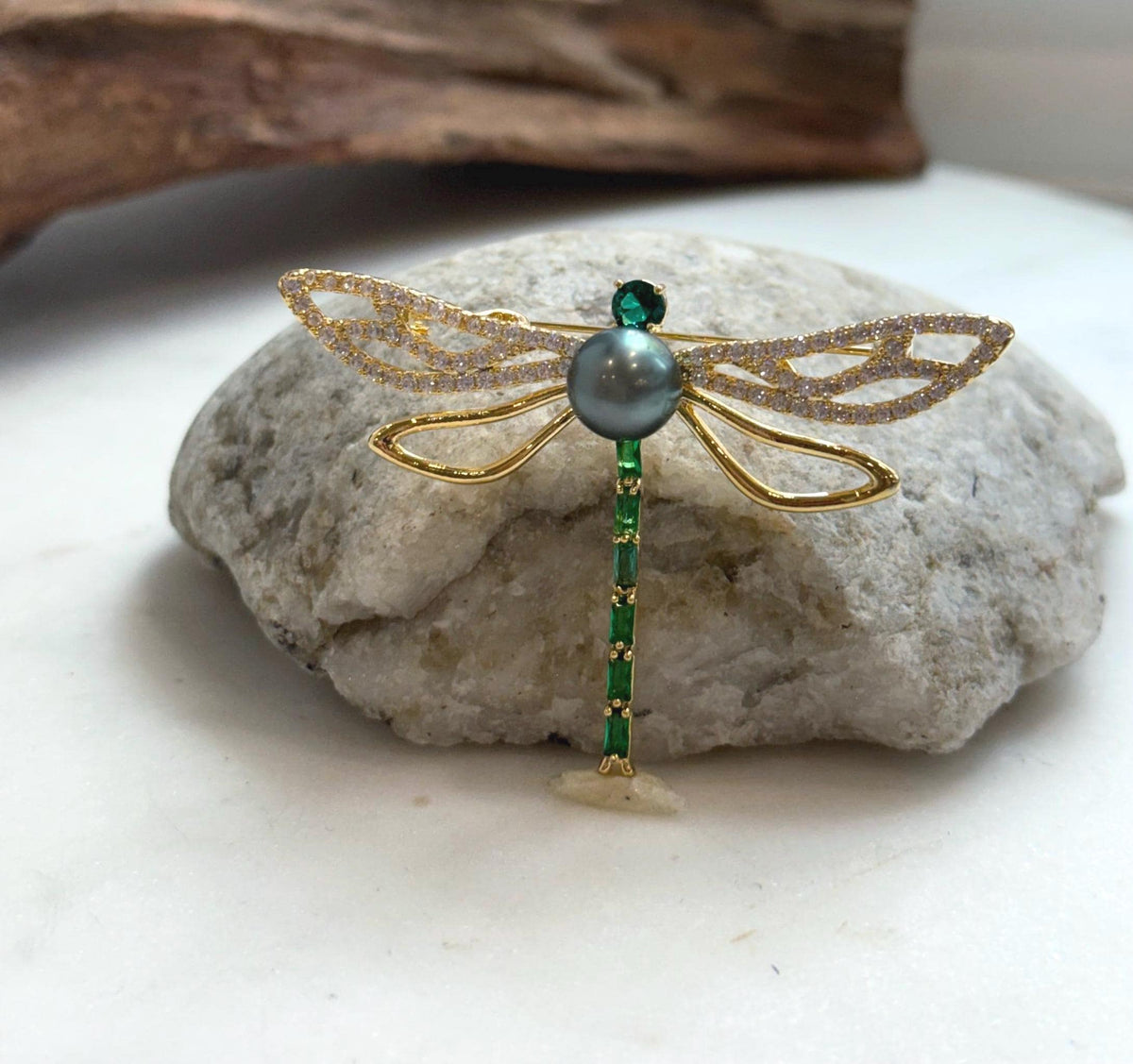 Elly’s 9.6mm Tahitian platinum hunter Ocean dragonfly Brooch Pendant 2in1: Extreme Luster mirrored, 6.2x4.5cm