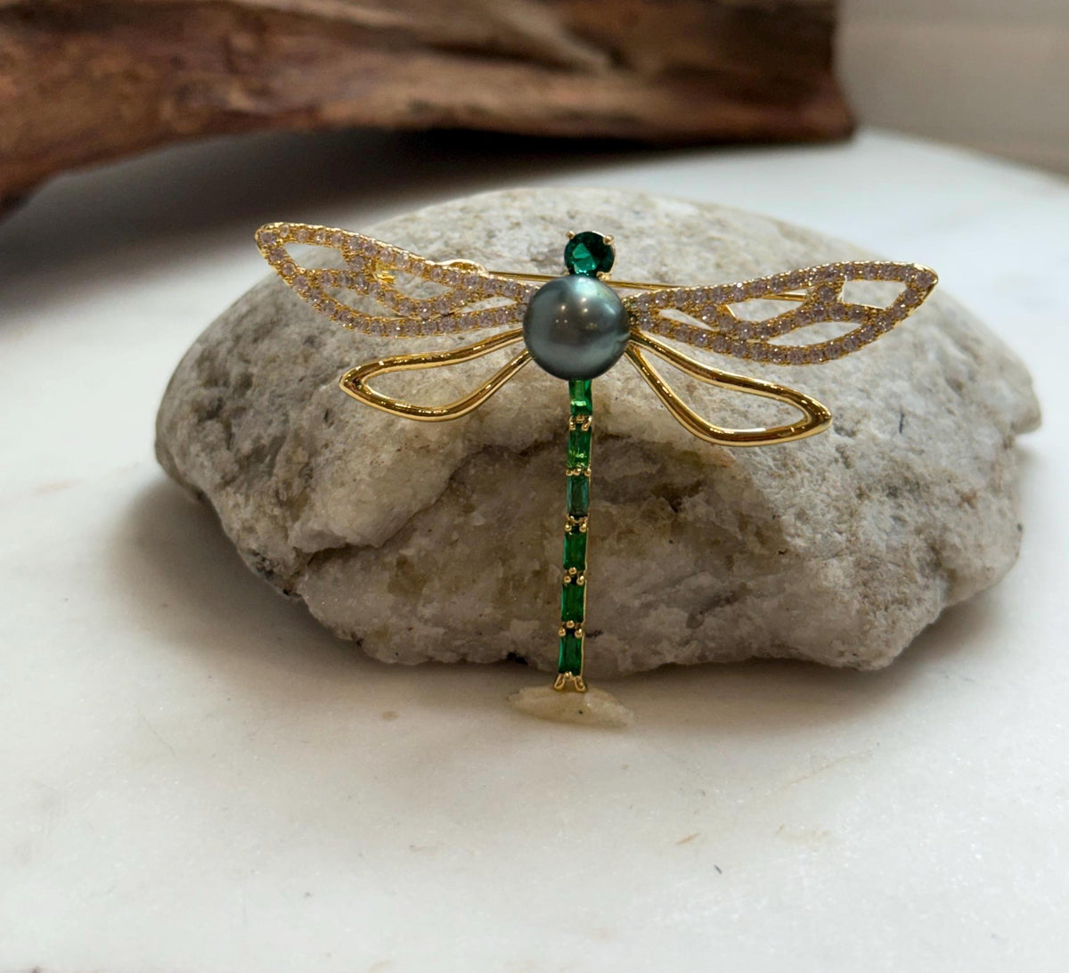 Elly’s 9.6mm Tahitian platinum hunter Ocean dragonfly Brooch Pendant 2in1: Extreme Luster mirrored, 6.2x4.5cm