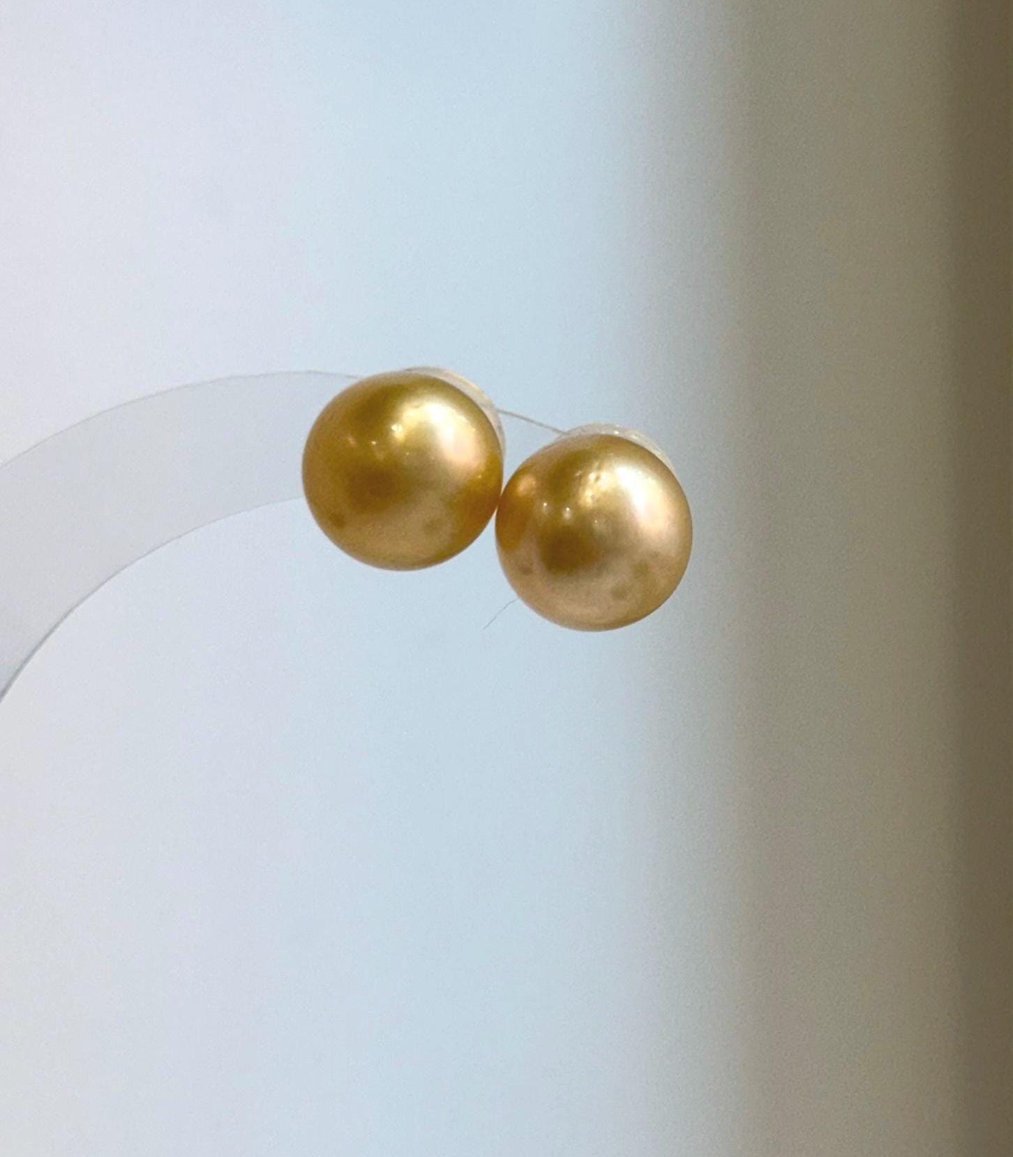 Elly’s 11.6mm Genius natural South sea Deep Gold ocean Pearls Earrings studs: Extreme luster, S925 silver minimalist earrings studs.