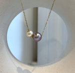 Elly’s Double Au750 18k Gold 7.8-10.7mm Akoya Ocean Edison Pearls Floating pendants:Extreme luster mirrored.