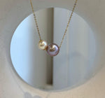 Elly’s Double Au750 18k Gold 7.8-10.7mm Akoya Ocean Edison Pearls Floating pendants:Extreme luster mirrored.