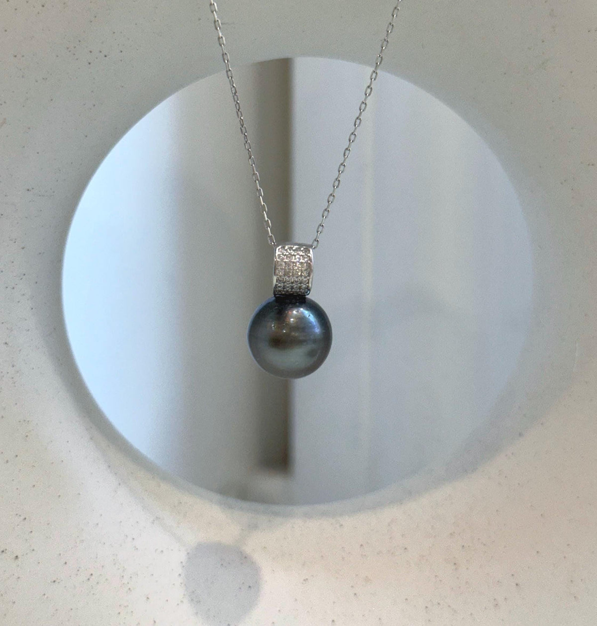 Elly’s 12.5mm Genius Tahitian black platinum Ocean Pearl Pendant: Extreme luster mirrored, 2cm high, S925 silver minimalist pendant.