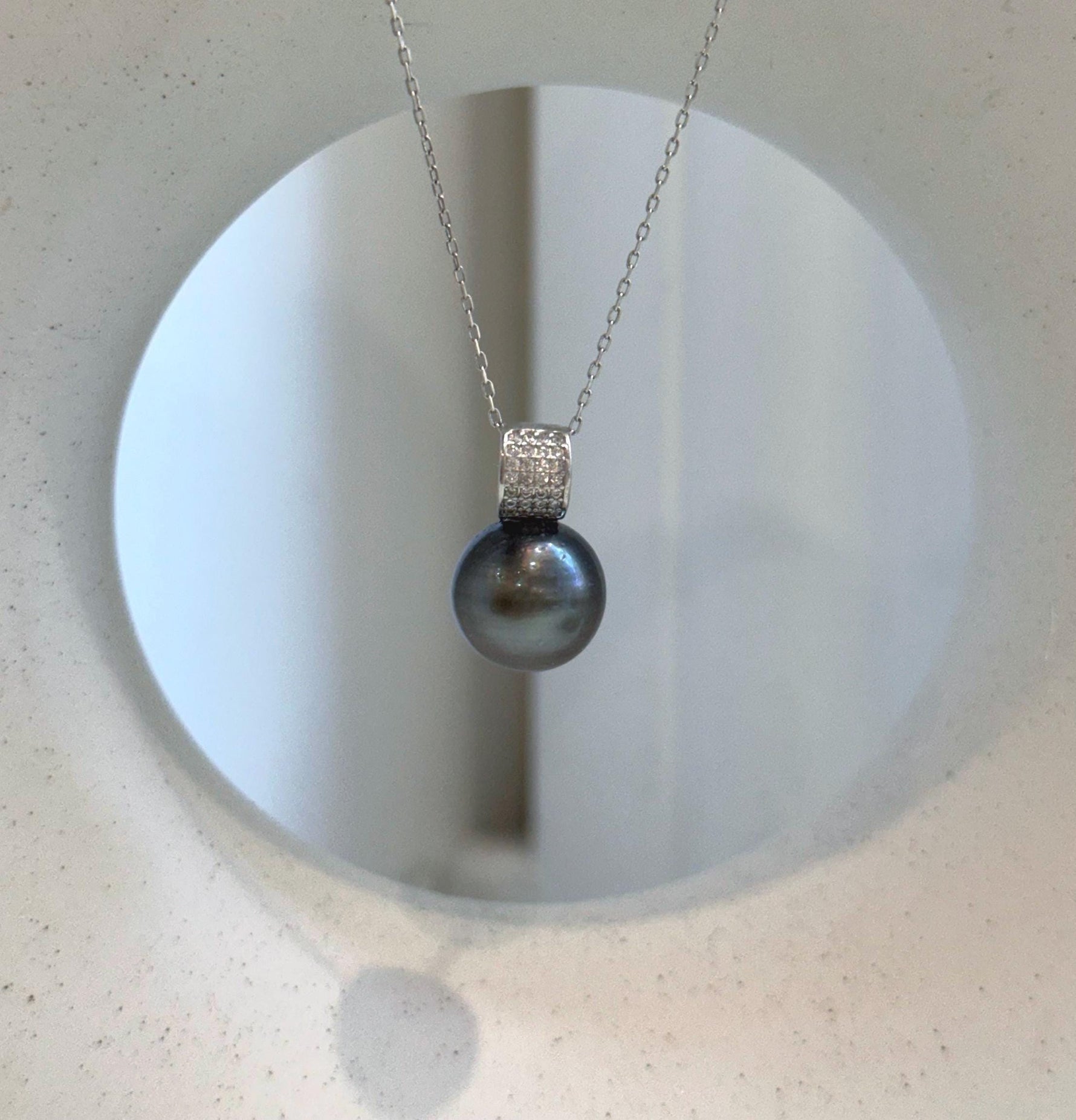 Elly’s 12.5mm Genius Tahitian black platinum Ocean Pearl Pendant: Extreme luster mirrored, 2cm high, S925 silver minimalist pendant.