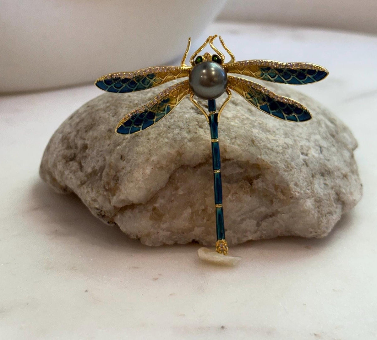 Elly’s 10mm Tahitian peacock green Ocean Dragonfly Brooch Pendant 2in1: Extreme Luster mirrored, 6x7.5cm