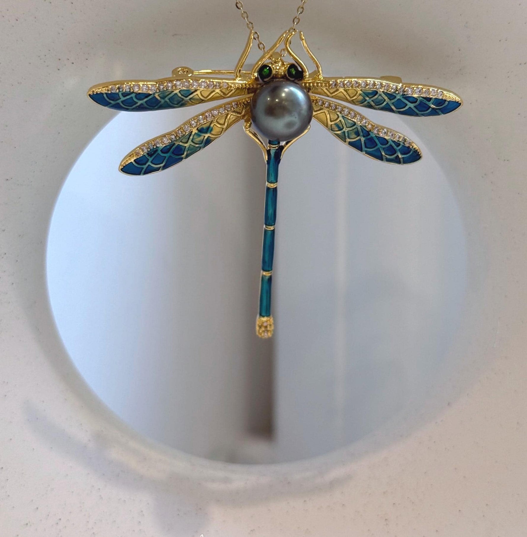 Elly’s 10mm Tahitian peacock green Ocean Dragonfly Brooch Pendant 2in1: Extreme Luster mirrored, 6x7.5cm