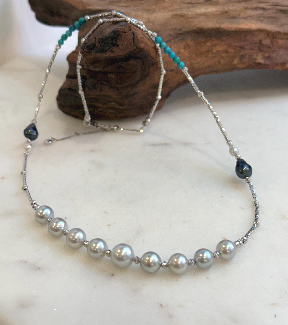 Elena Elly’s 9pcs 7.1-8.5mm Akoya ocean pearls Designed Necklace: Extreme luster mirrored, S925 silver necklace, to 21.3”.