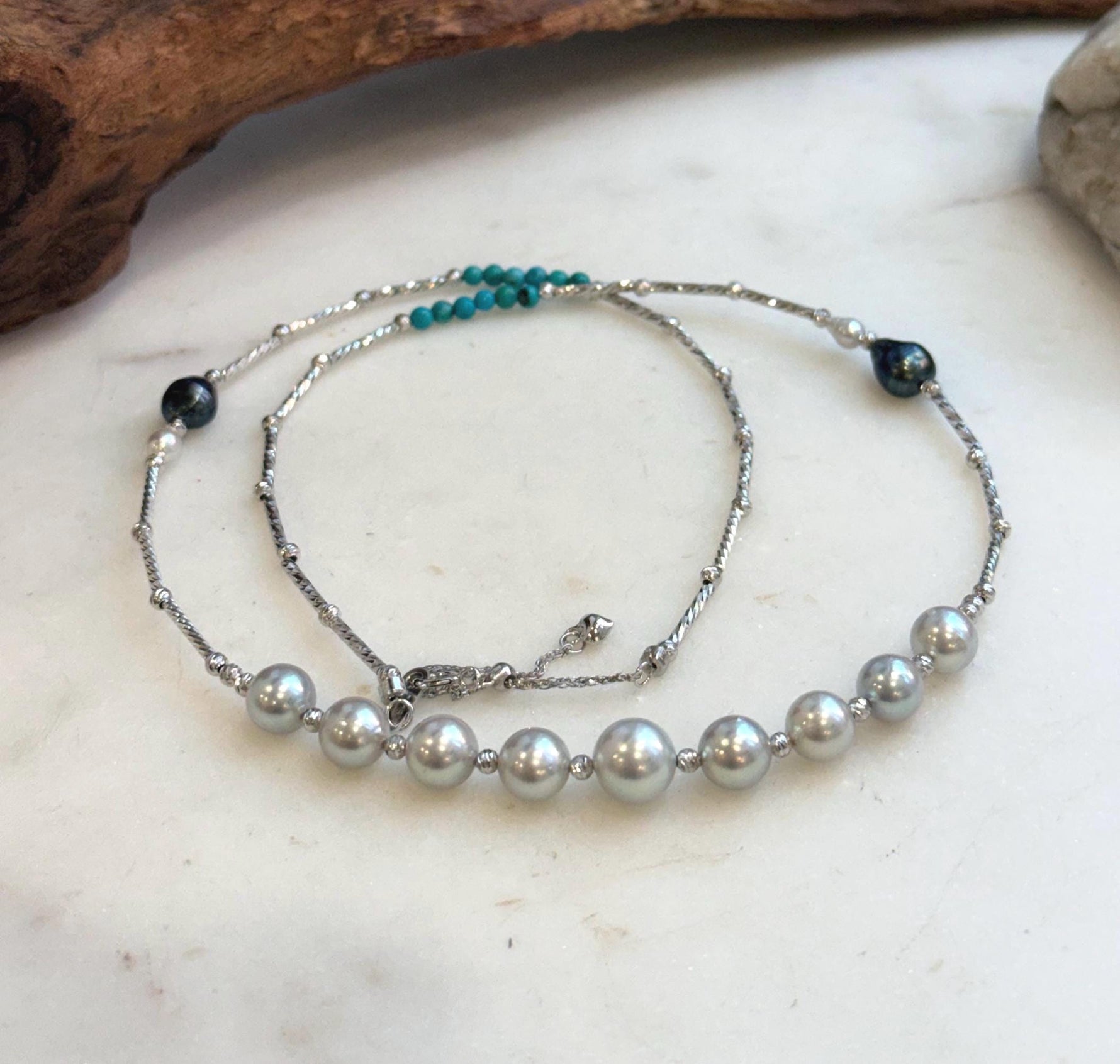Elena Elly’s 9pcs 7.1-8.5mm Akoya ocean pearls Designed Necklace: Extreme luster mirrored, S925 silver necklace, to 21.3”.