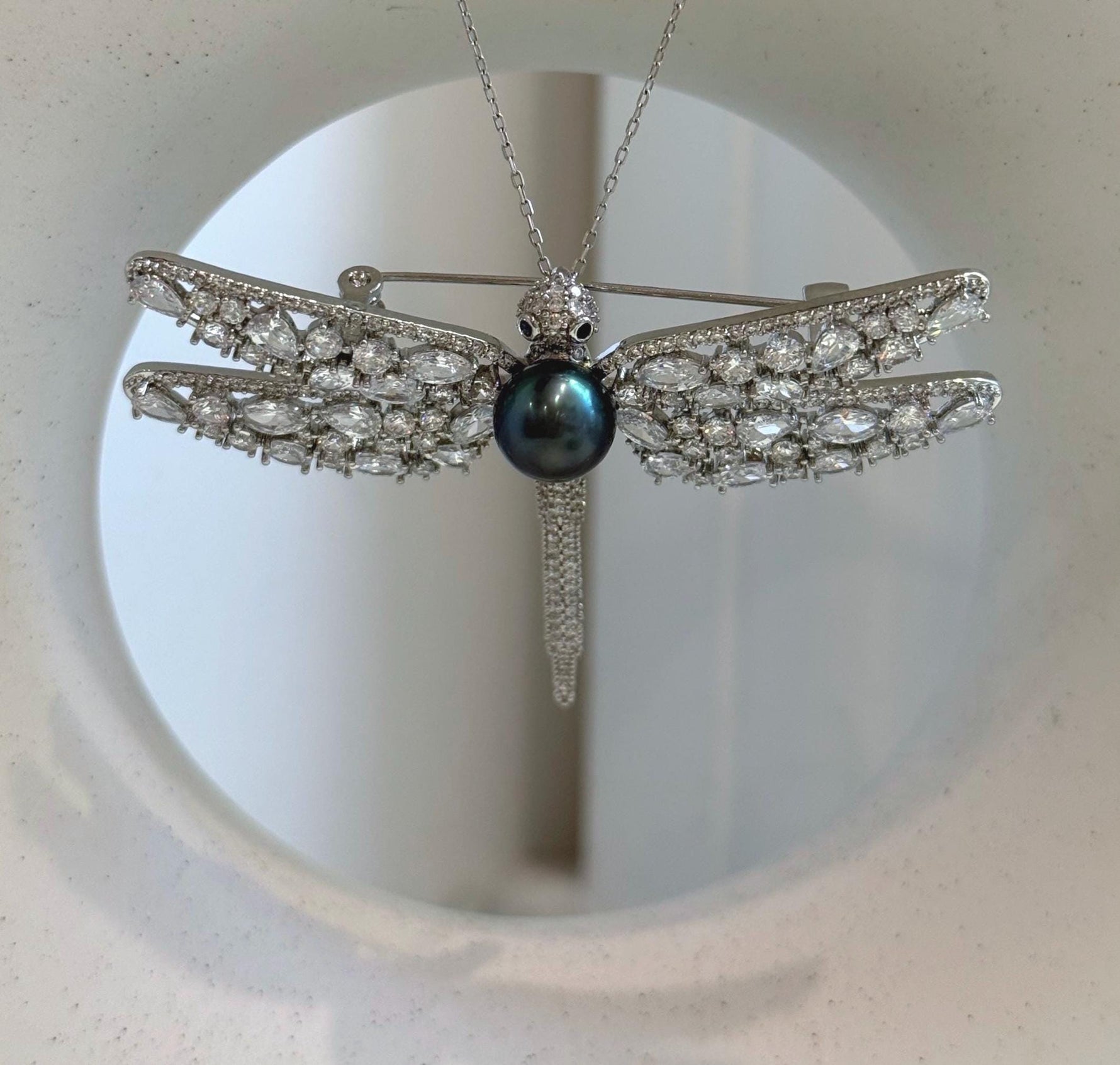 Elly’s peacock teal Tahitian ocean Pearl Dragonfly Brooch Pendant 2in1: Extreme luster, 9.6mm, 7x5cm.
