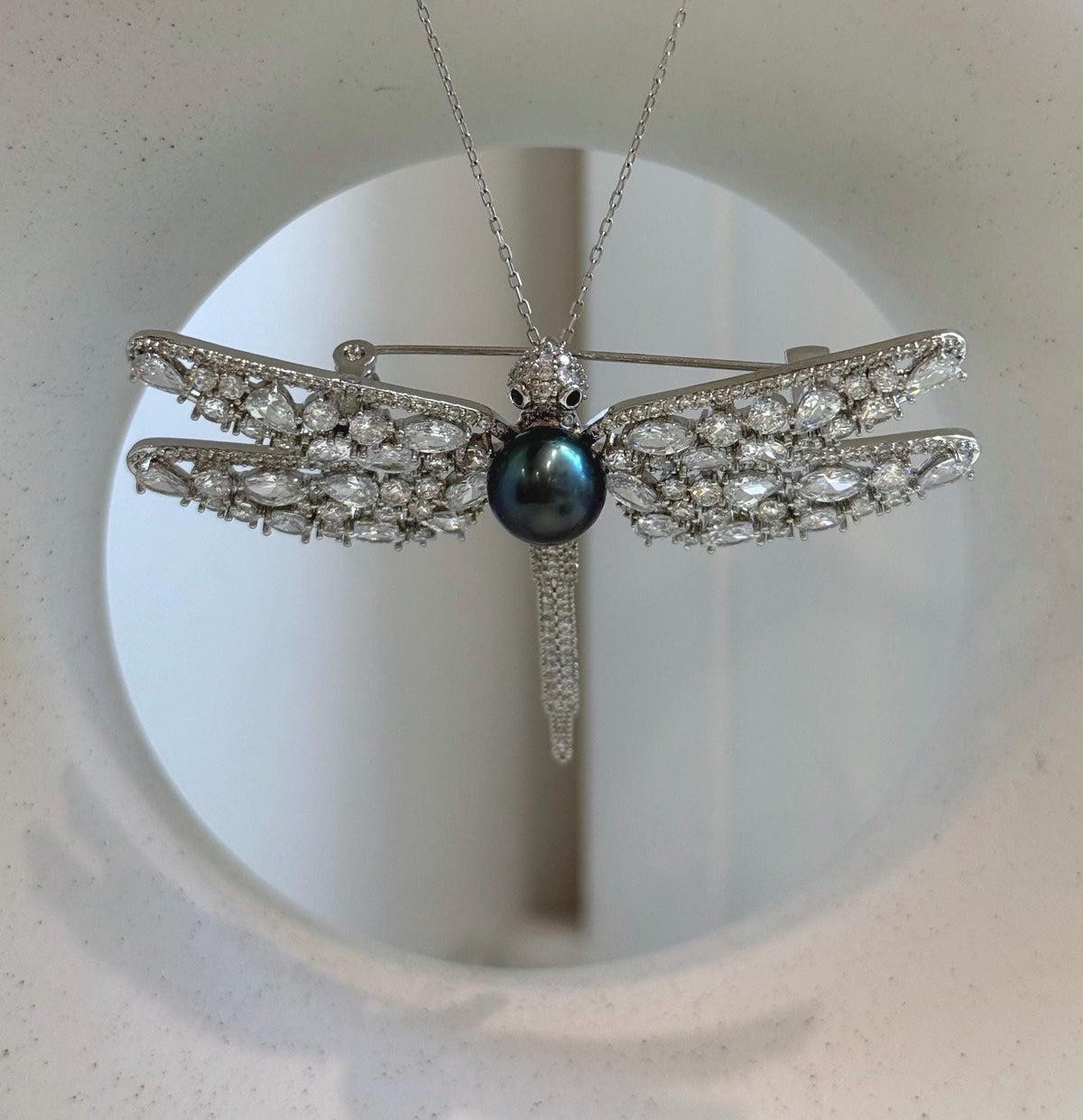 Elly’s peacock teal Tahitian ocean Pearl Dragonfly Brooch Pendant 2in1: Extreme luster, 9.6mm, 7x5cm.