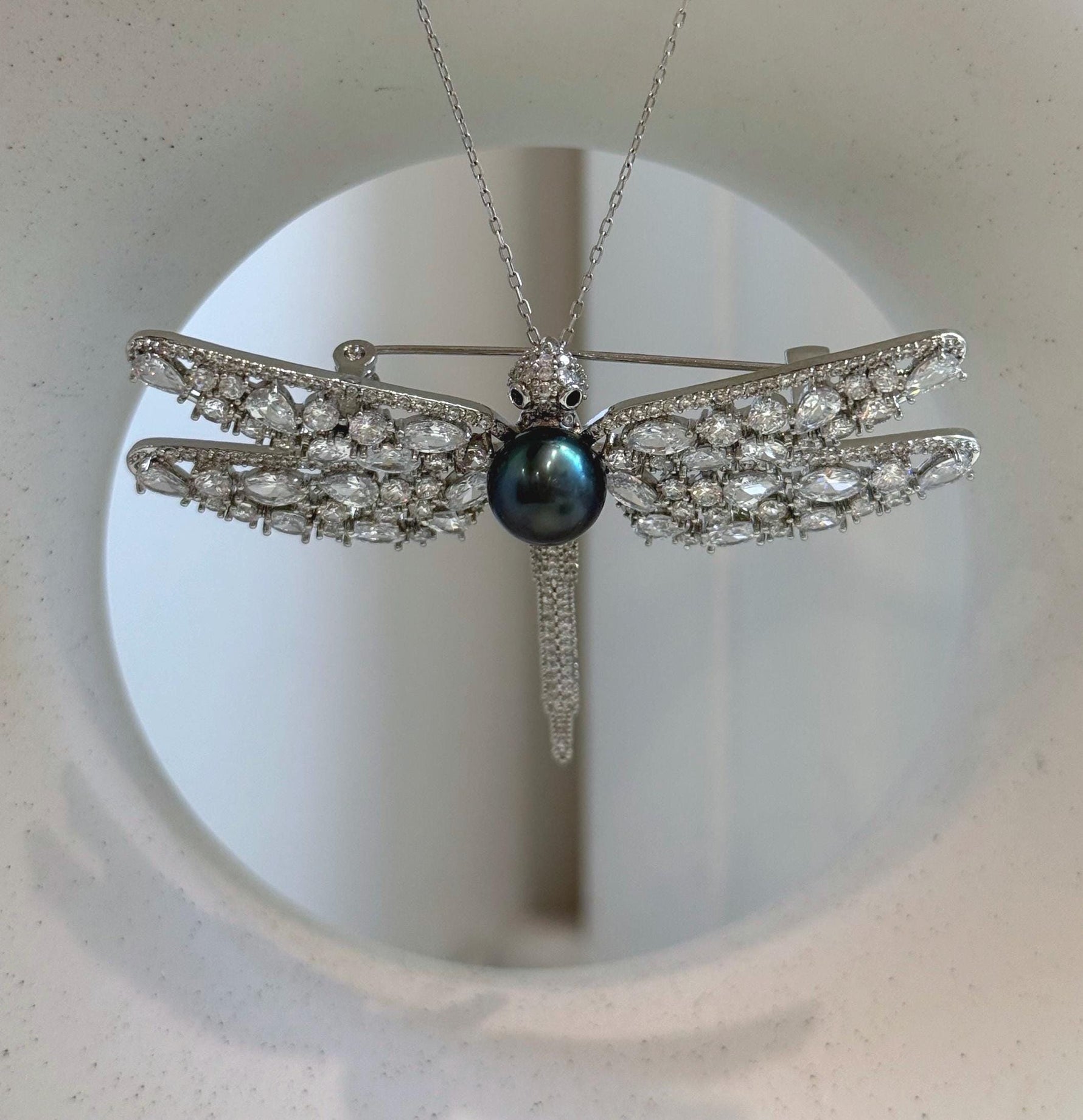 Elly’s peacock teal Tahitian ocean Pearl Dragonfly Brooch Pendant 2in1: Extreme luster, 9.6mm, 7x5cm.