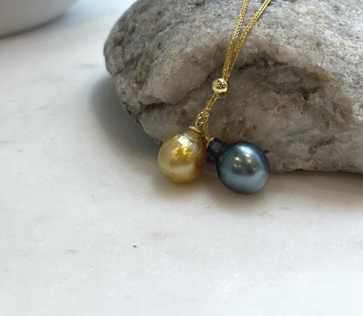 Elly’s Double 10-10.4mm South sea golden Tahitian ocean Pearls pendants chain set: Extreme luster mirrored, S925 silver chain set.
