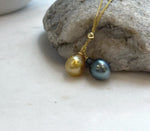 Elly’s Double 10-10.4mm South sea golden Tahitian ocean Pearls pendants chain set: Extreme luster mirrored, S925 silver chain set.
