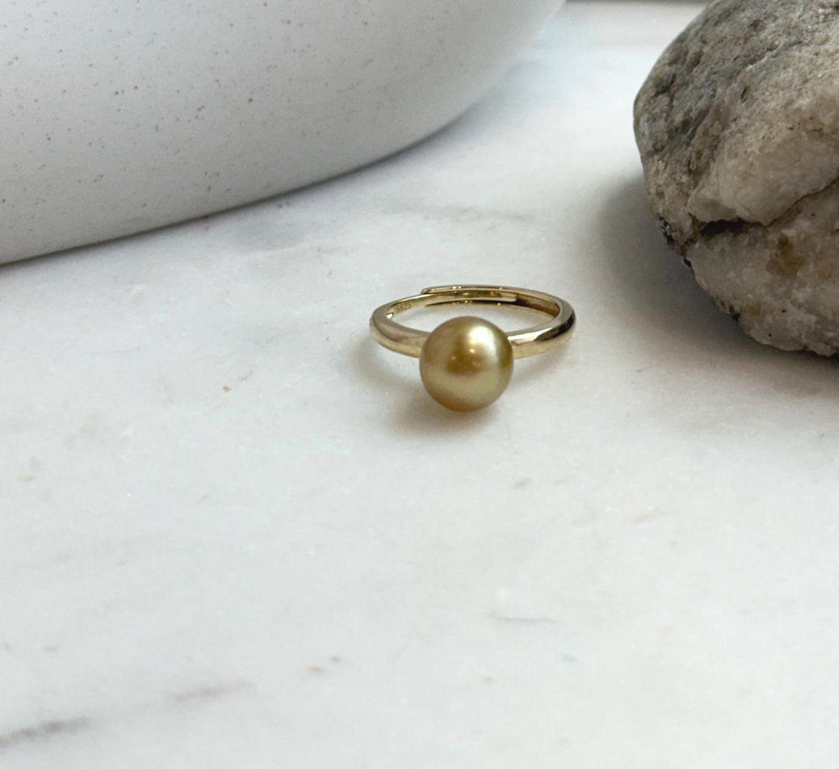 Elly’s 8.6mm South sea deep tea gold ocean pearl Ring: Extreme luster mirrored, S925 silver with gold plated adjustable Vintage Ring.