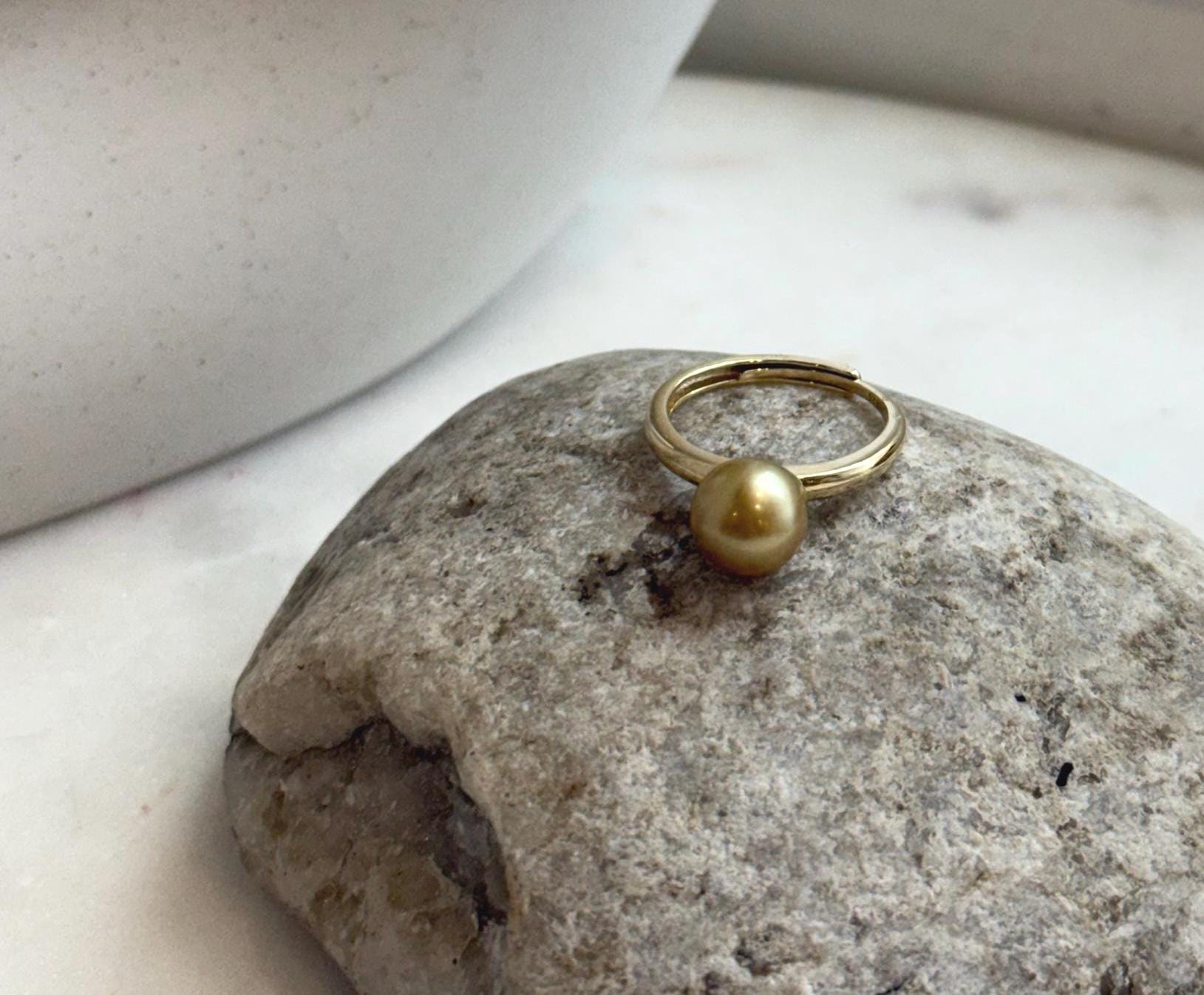 Elly’s 8.6mm South sea deep tea gold ocean pearl Ring: Extreme luster mirrored, S925 silver with gold plated adjustable Vintage Ring.