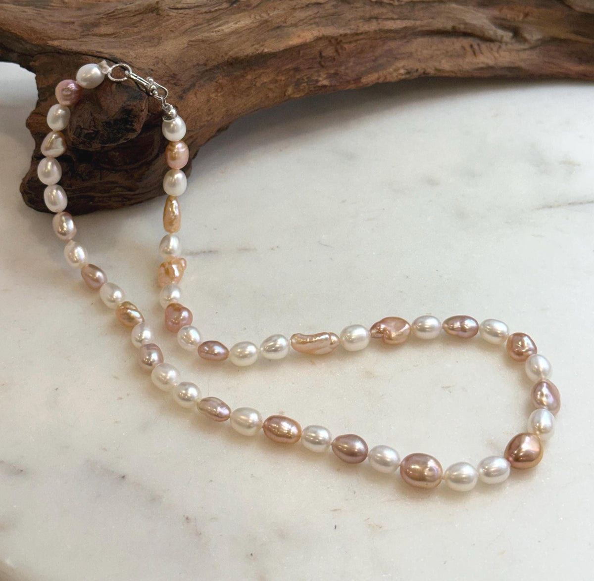 Elly’s 5.8-7.4mm Freshwater Multicolored Pearls Necklace Strand: Extreme luster mirrored, 18.3”, S925 silver necklace.