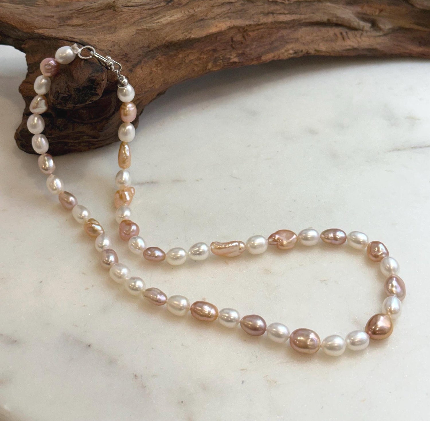 Elly’s 5.8-7.4mm Freshwater Multicolored Pearls Necklace Strand: Extreme luster mirrored, 18.3”, S925 silver necklace.