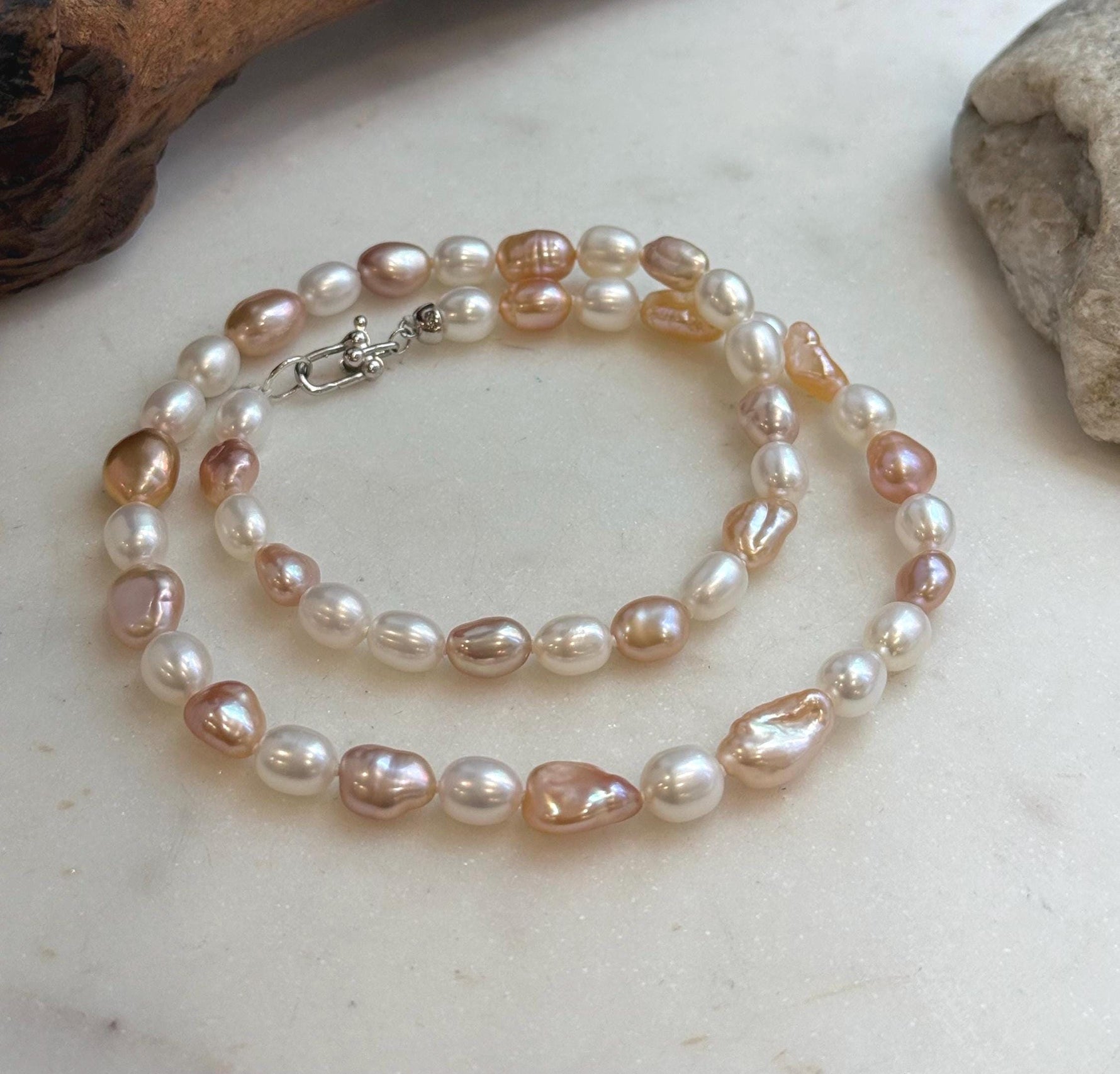 Elly’s 5.8-7.4mm Freshwater Multicolored Pearls Necklace Strand: Extreme luster mirrored, 18.3”, S925 silver necklace.
