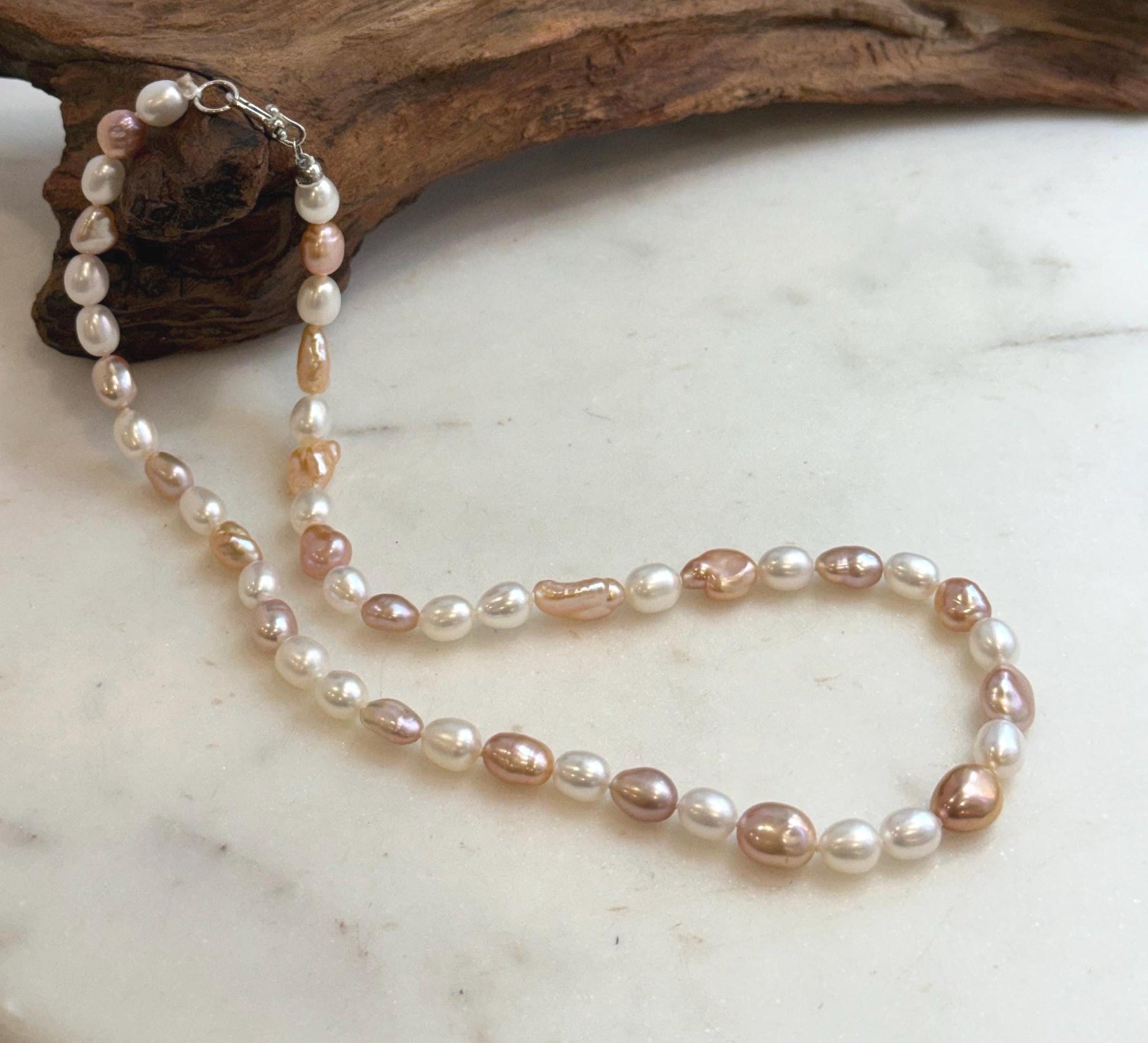 Elly’s 5.8-7.4mm Freshwater Multicolored Pearls Necklace Strand: Extreme luster mirrored, 18.3”, S925 silver necklace.