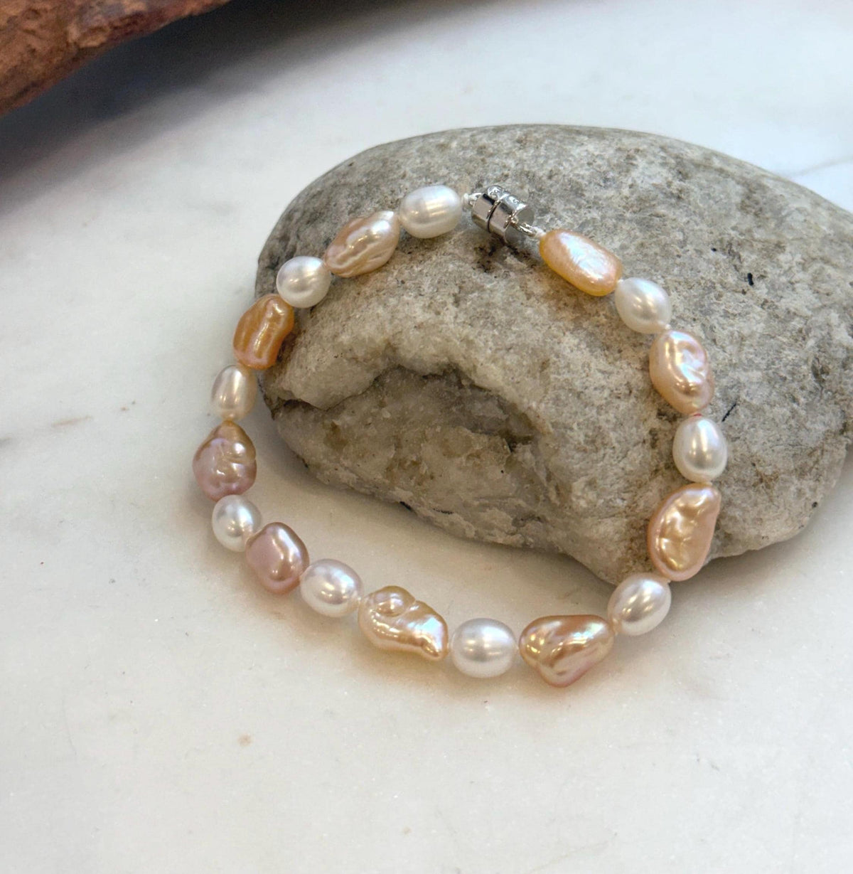 Elly’s 6.6-8.5mm Freshwater Multicolored Pearls Bracelet: Extreme luster mirrored, 7.8”, S925 silver bracelet.